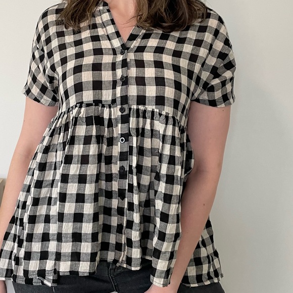 Anthro Tylho Checked Swing Top Gingham Linen Plaid Blouse Shirt Summer Linen S - Picture 2 of 16